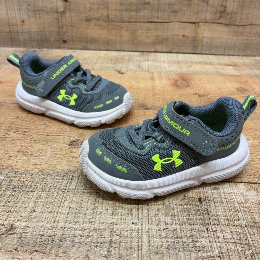 Under Armour Shoes Boys Toddler Size 5K 21 Gray Green Mesh Hook & Loop Sneaker